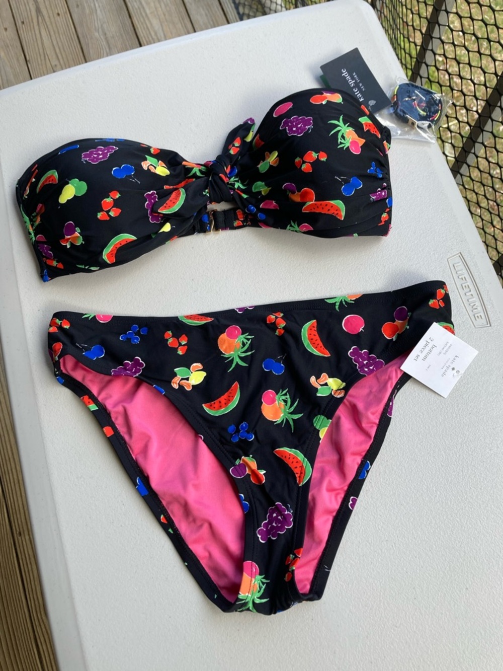 Kate Spade Black 2 Piece Bikini Colorful Fruit Print Bathing Suit NEW